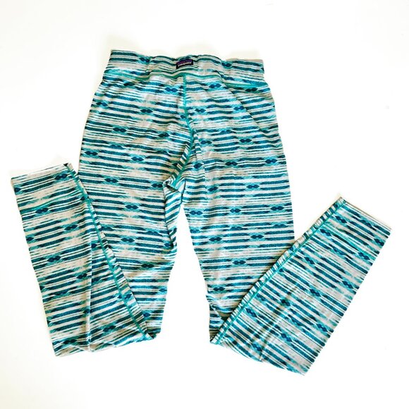 Patagonia Girls Capilene Base Layer Leggings Pants Sz L 12 Green & White Stripes - Picture 8 of 8